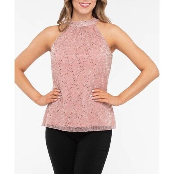 Ricki's Tops - Womens Sequin Halter Top Plus XXL Micro Plisse Pleated Pink Print Valentines Day